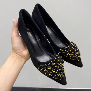 韩版小粗跟中低跟手工串珠缝制水钻满天星尖头单鞋套脚四季女鞋子