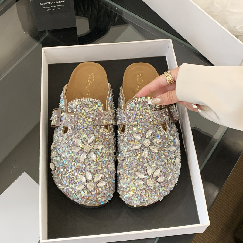 水钻拼花包头半拖鞋亮片懒人拖鞋