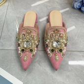 重工鞋 女鞋 低跟半拖鞋 纯手工缝制水钻珠珠拼花蕾丝花边包头尖头鞋
