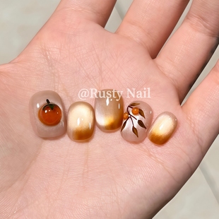 【柿柿如意】美拉德手绘新中式猫眼手工穿戴甲短款高级感美甲贴片