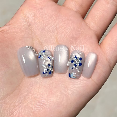 青花瓷手绘掐丝珐琅猫眼手工美甲