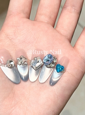 【断码特价】蓝色千金感爆闪法式猫眼纯手工穿戴甲高级感美甲贴片