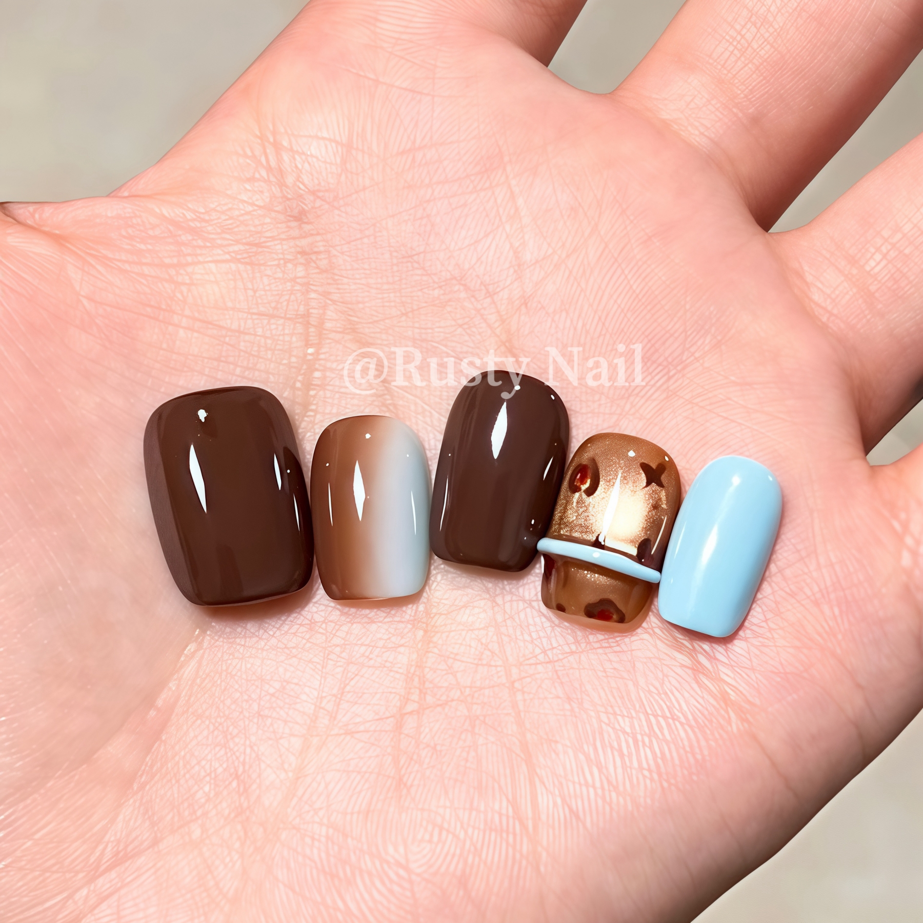 秋冬蓝棕晕染豹纹猫眼手工穿戴甲