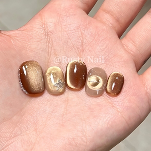 显白美甲贴片 高级感美拉德棕色猫眼纯手工穿戴甲短款 猫眼星球