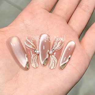 爆闪美甲贴片 芭蕾风纯欲腮红猫眼手工穿戴甲新娘长款 仙女飘带