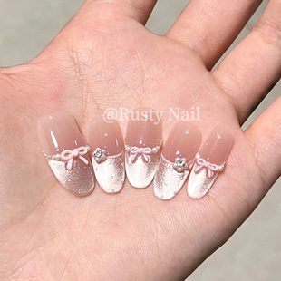 蝴蝶结猫眼纯手工穿戴甲高级感美甲贴片 千金波点法式 少女心事