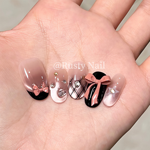 蝴蝶结猫眼纯手工穿戴甲高级感美甲贴片 千禧辣妹法式 黑玫粉黛