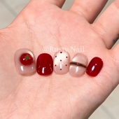 秋冬高级感红色手工穿戴甲短款 喜柿年年 显白波点猫眼美甲贴片