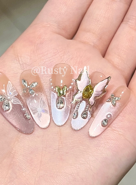【断码特价】纯欲法式紫色蝴蝶猫眼手工穿戴甲高级感美甲贴片12片