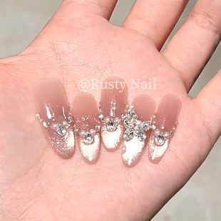 高级感婚甲美甲贴片 千金爆闪蝴蝶猫眼手工穿戴甲长款 碎钻星河