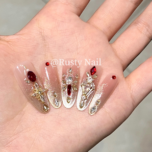 奢华爆闪千金红宝石猫眼纯手工穿戴甲高级感美甲贴片 勃艮第红