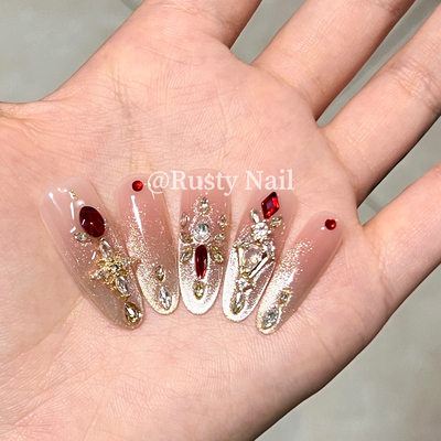 奢华爆闪千金红宝石猫眼手工美甲