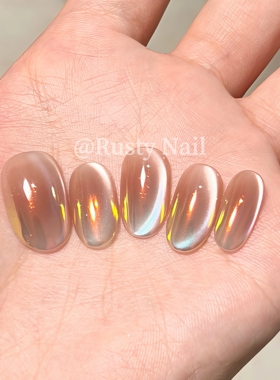 【落日霞光】高级感温柔纯欲猫眼纯手工穿戴甲海莉极光粉美甲贴片