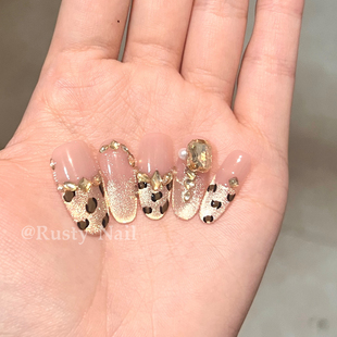 氛围感显白美甲贴片 爆闪豹纹猫眼手工穿戴甲秋冬法式 落日熔金