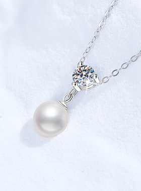 天然淡水珍珠吊坠女50分莫桑钻石项链S925纯银锁骨项链