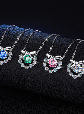 925银项链美国进口彩色莫桑石1克拉灵动蝴蝶结百搭莫桑钻石项链