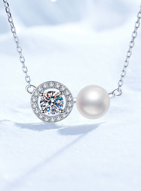 s925纯银项链莫桑钻石项链天然淡水珍珠吊简约圆包项链