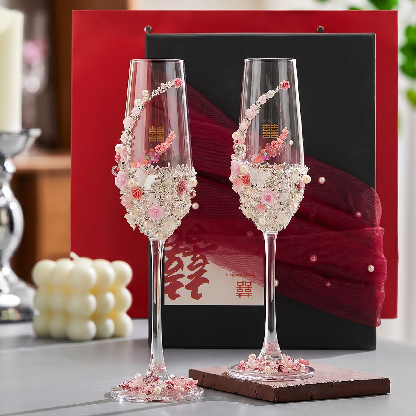 DIY粉色碎钻装饰高脚杯一对结婚敬酒杯订婚礼物实用红酒杯套装