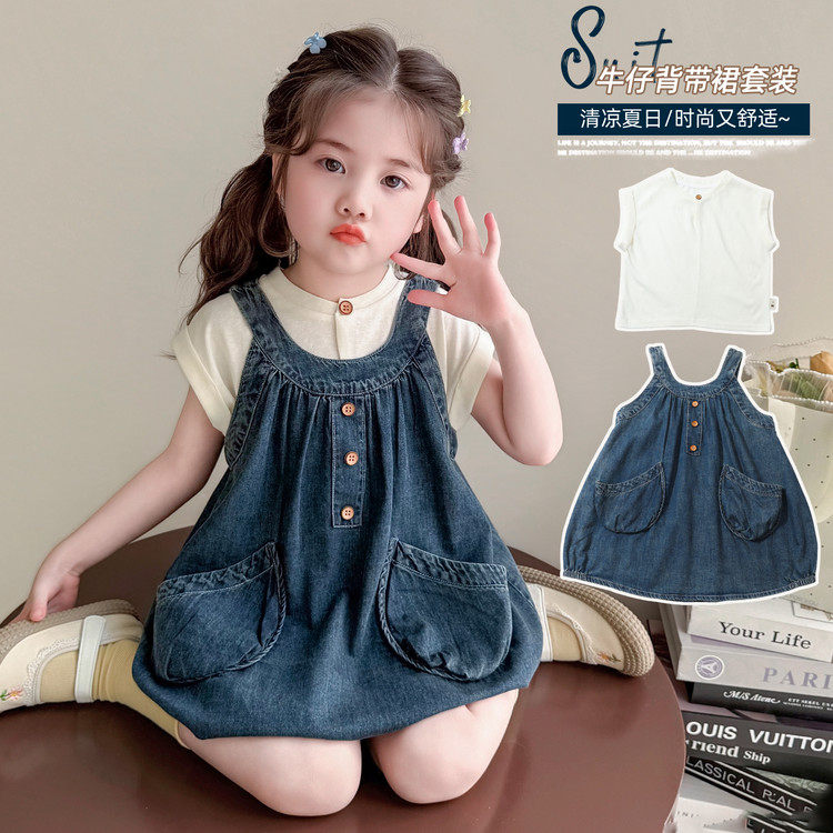 女童夏季新款牛仔套装儿童短袖背带裤两件套女宝宝韩版休闲衣服潮图片