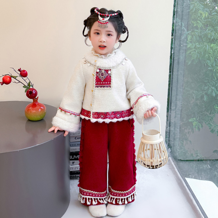 女童秋冬唐装加绒两件套儿童新款民族风套装女宝宝中国风拜年服潮