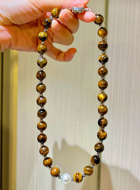 10mm美拉德天然精品虎眼石仿澳白珍珠水晶锁骨链项链保真可复检