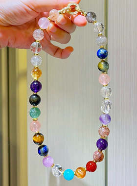 12mm设计感天然天河石紫水晶黑金超七青金石虎眼石多宝锁骨链项链