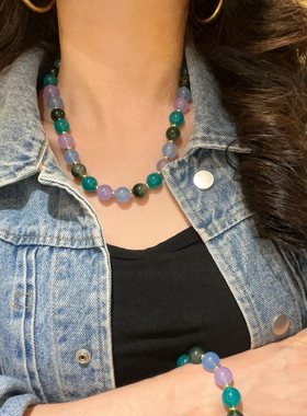 缤纷夏日水润炫彩天河色翡翠紫色石英岩手链项链套装