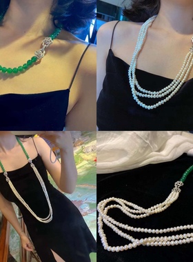 天然珍珠玉髓款项链 小众设计时尚百搭气质复古韩版毛衣链女 可拆