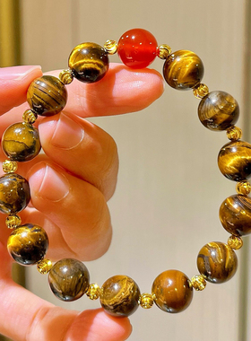 10mm复古美拉德风天然虎眼石红玉髓串珠手链手串2025秋冬新款