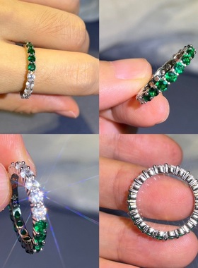 925银人造钻石祖母绿排戒精致小众设计双色指环女