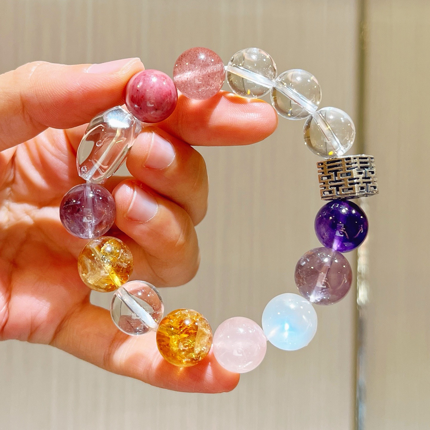 925银12-13mm玻璃体天然黄水晶白水晶紫水晶白月光紫幽灵手链手串