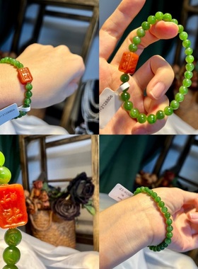 18K金贴片 6mm天然菠菜绿碧玉单圈手串简约小圆珠手链女