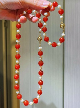 10mm7A高品冰透起光天然红玉髓玛瑙淡水珍珠项链手链套装
