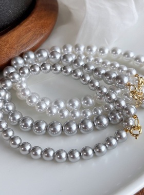 清冷银灰冷白色人造施家正圆强光珍珠手链ins小众手链女