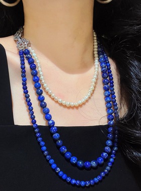 复古高品质天然青金石淡水珍珠设计感项链毛衣链锁骨链女