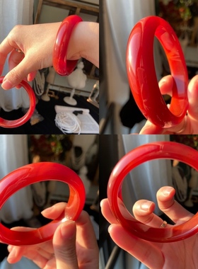 天然红玉髓手镯 简约时尚百搭复古宽版中国红玉髓镯子