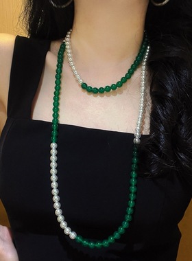 秋冬天然绿玉髓高光冷白仿澳白长款施家珍珠毛衣链项链锁骨链女
