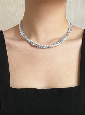 国风复古正圆强光冷白蓝色妖姬人造水晶珍珠项链锁骨链