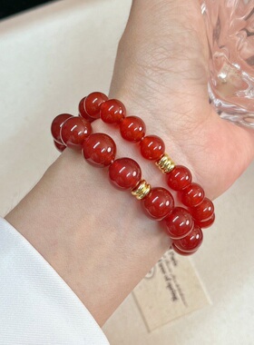 ins风法式玻璃体鸽血红新年红红玉髓手链玛瑙手串