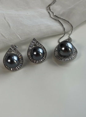 人造珍珠套装大溪地黑色珍珠戒指项链女小众