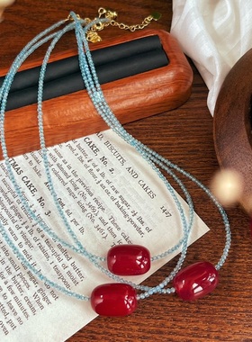 天然蓝色托帕石配上天然大颗粒红玛瑙锁骨链小众设计复古百搭项链