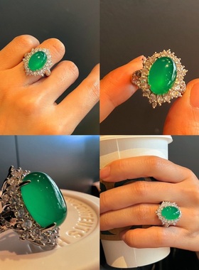 天然冰种绿玉髓戒指开口可调节翡翠帝王绿指环女戒