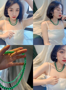 天然起光帝王绿绿玉髓大小珠双层项链玛瑙玉石锁骨链女时尚气质款