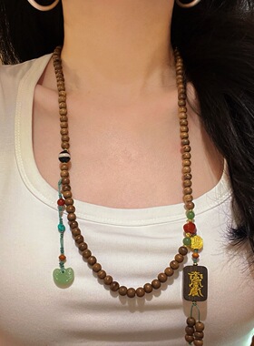 复古沉香木多圈设计感毛衣链项链