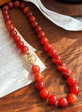 12mm大颗粒天然红玛瑙手工串珠项链女小众锁骨链颈链颗颗打结