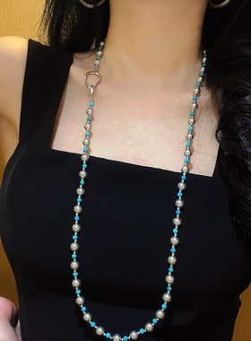 秋冬高品高光真多麻色长款施家珍珠人造绿松石毛衣链项链锁骨链女