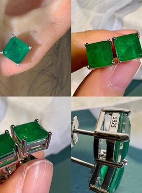 925银人造祖母绿耳钉简约时尚百搭气质小耳钉女