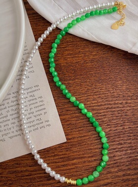 浅绿色石英岩配上施家冷白baby珠项链锁骨链女