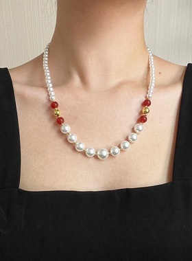 国风美拉德复古强光人造水晶珍珠天然红玉髓混穿项链锁骨链