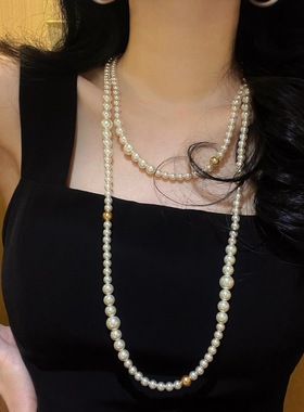 秋冬美拉德暖白咖混彩施家珍珠项链女多种戴法加长毛衣链颈链女